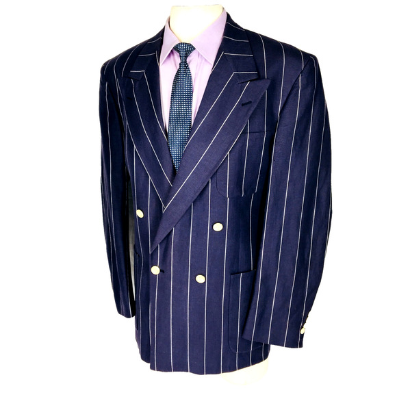 42L Jacobsons USA Mens Vintage Double Breasted Linen Wool Blazer Jacket Navy - Picture 5 of 14